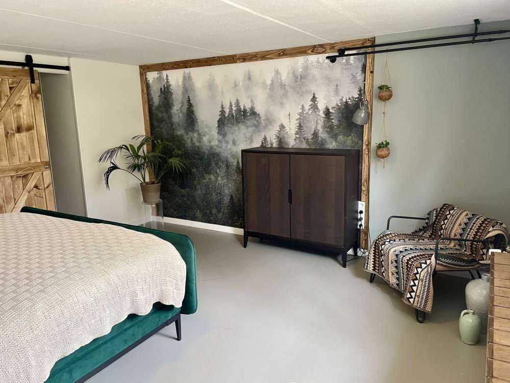 Dimmigt landskap med gröna träd