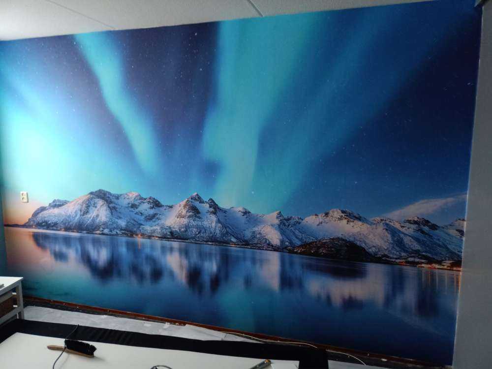 Nordljus över ett djupfryst hav och berg