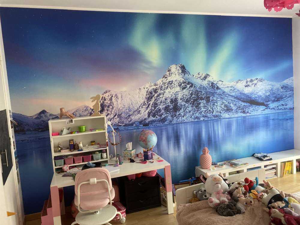 Nordlys over et frossent hav og bjerge