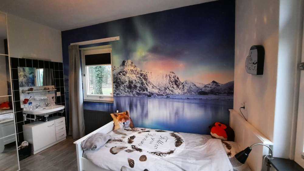 Nordlys over et frossent hav og bjerge