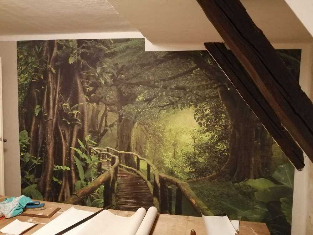 Träbro till och med en grön djungel