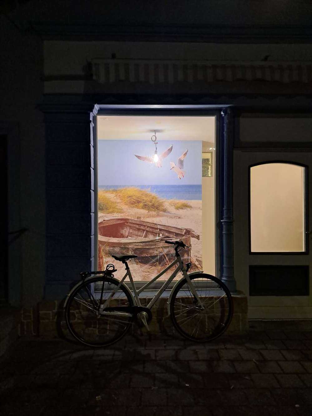 Gammel fiskebåt, måker, strand og sjø