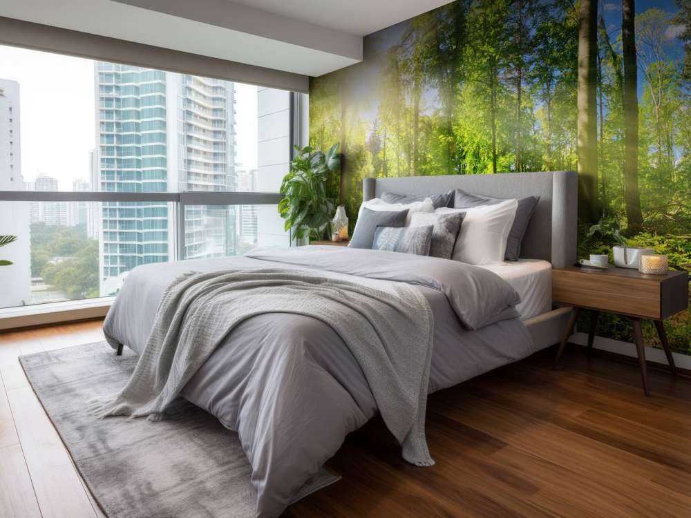 Skov med solstråler