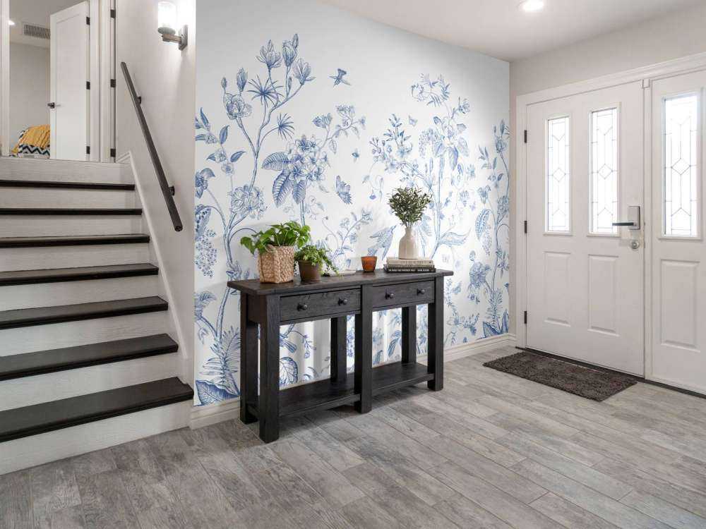 Blomsterillustration, blå og hvid