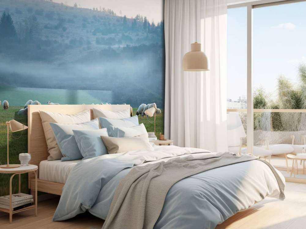 Fårflock i dimmigt landskap