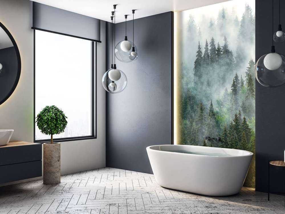 Dimmigt landskap med gröna träd