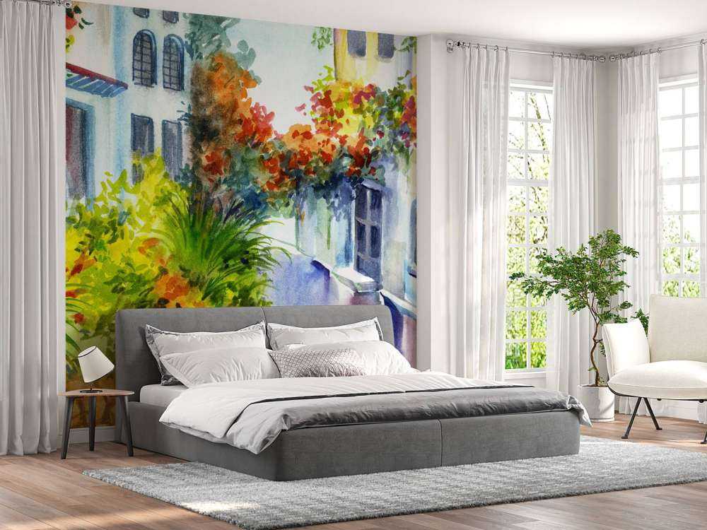 Akvarellblomster og bygninger