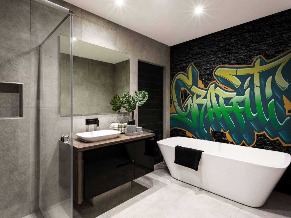 Graffiti på vegg av svarte steiner