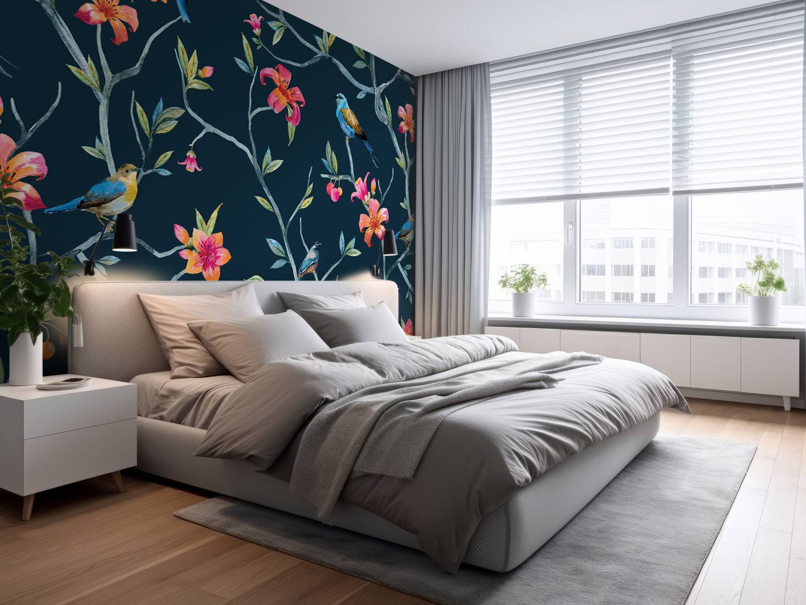 Tropiske blomster og fugler