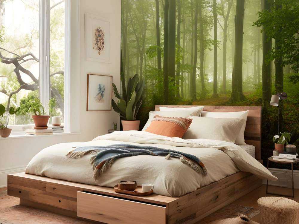 Sti gjennom tåkete grønn skog