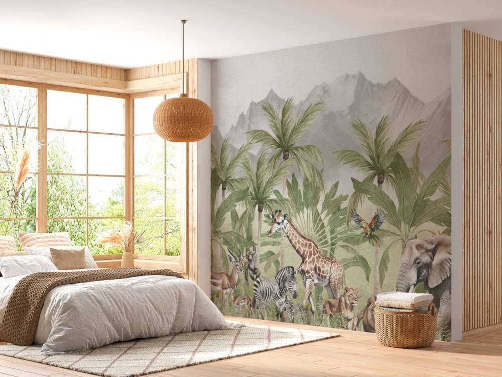 Bjerglandskab med dyr i farve