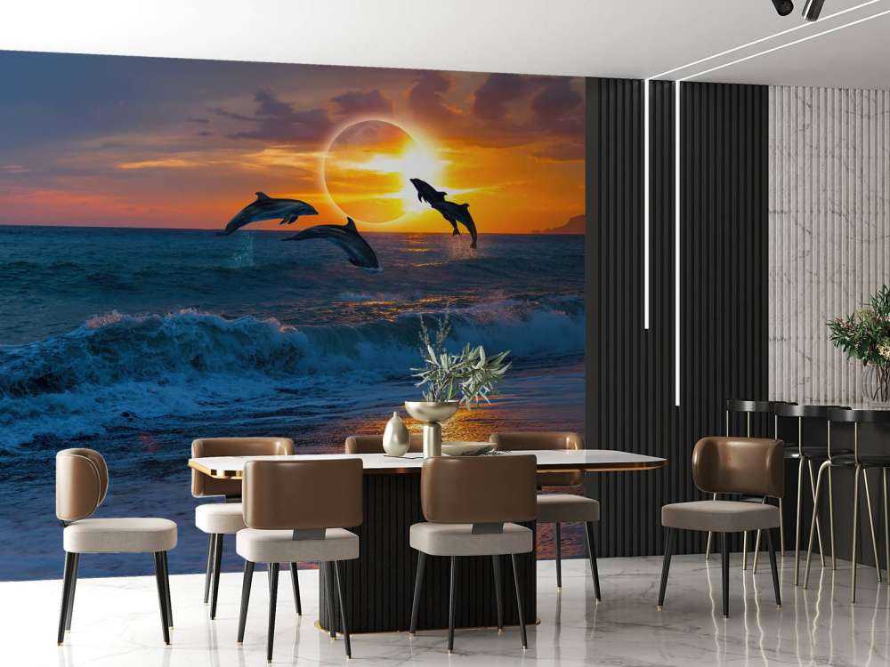 Delfiner med solnedgång