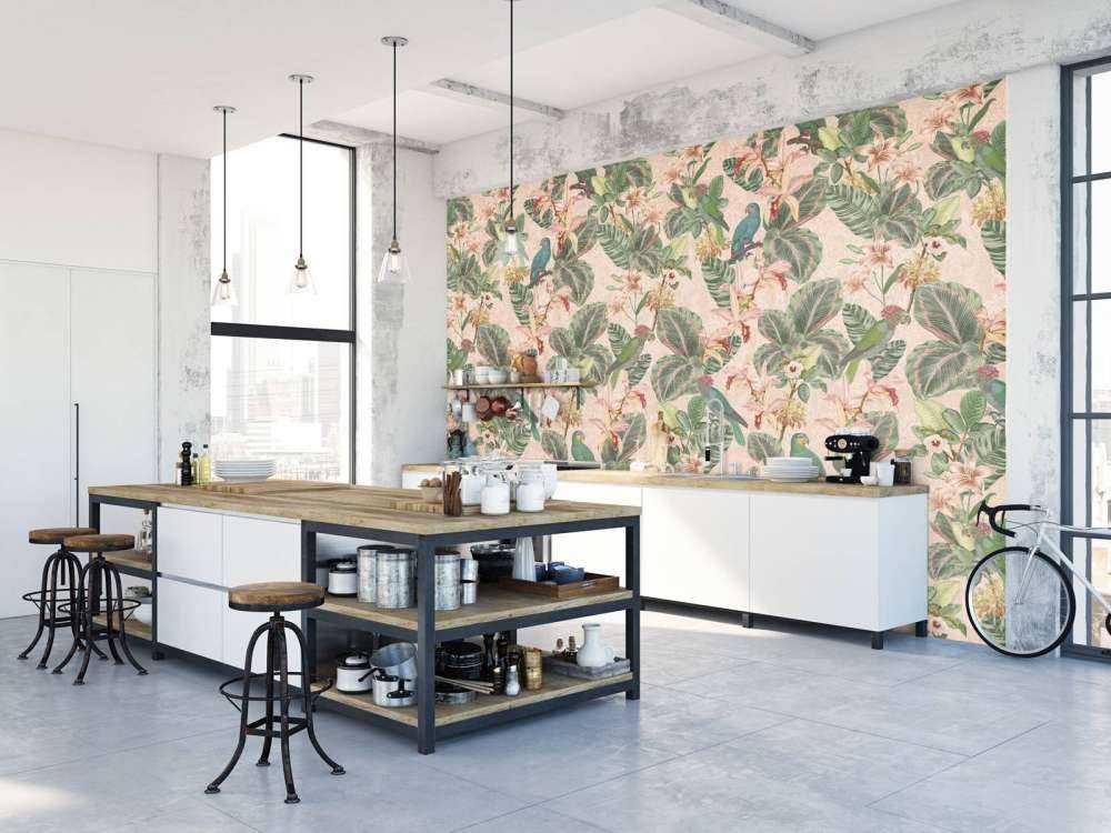 Tropiska djungelns fåglar & papegojor - mjukt rosa