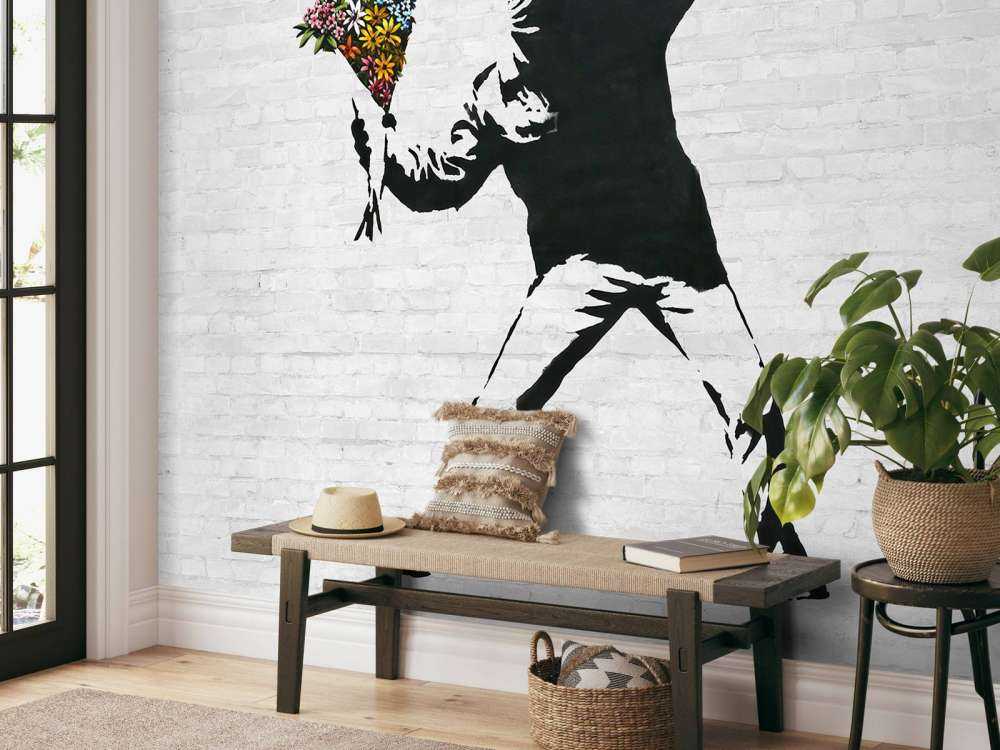 Banksy - Flower thrower, white bricks