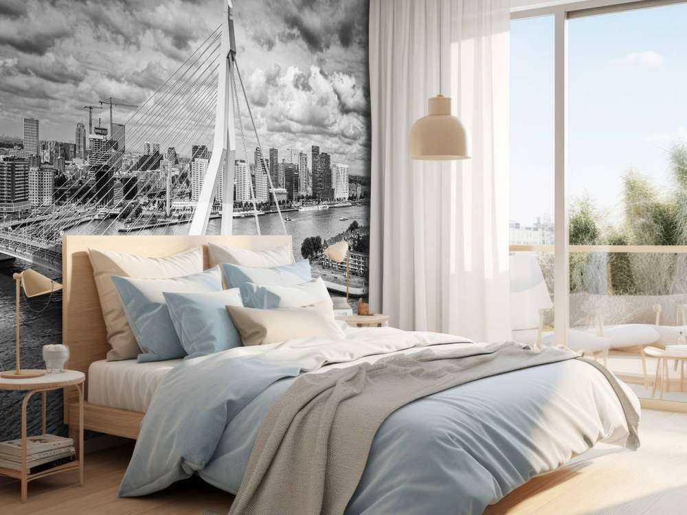 Rotterdams stadskärna från hög höjd i svartvitt 