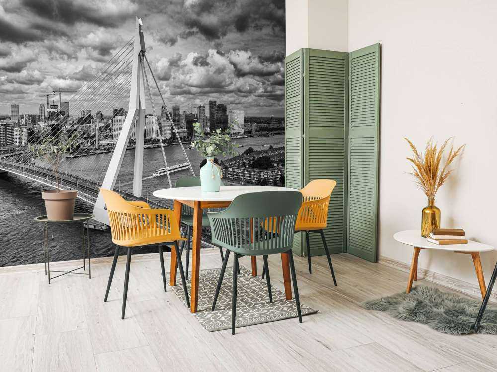 Rotterdams stadskärna från hög höjd i svartvitt 