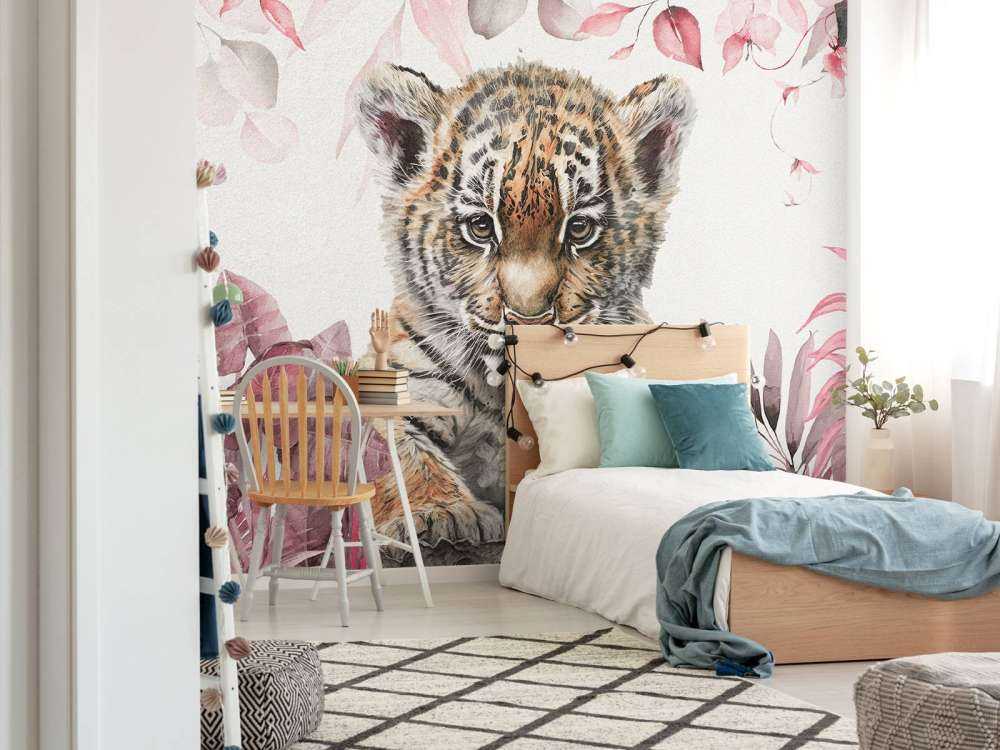 Söt tiger med växter rosa