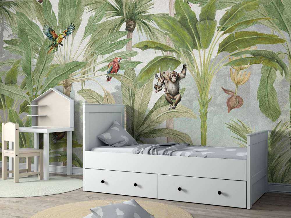 Jungle med aber og papegøjer i farve