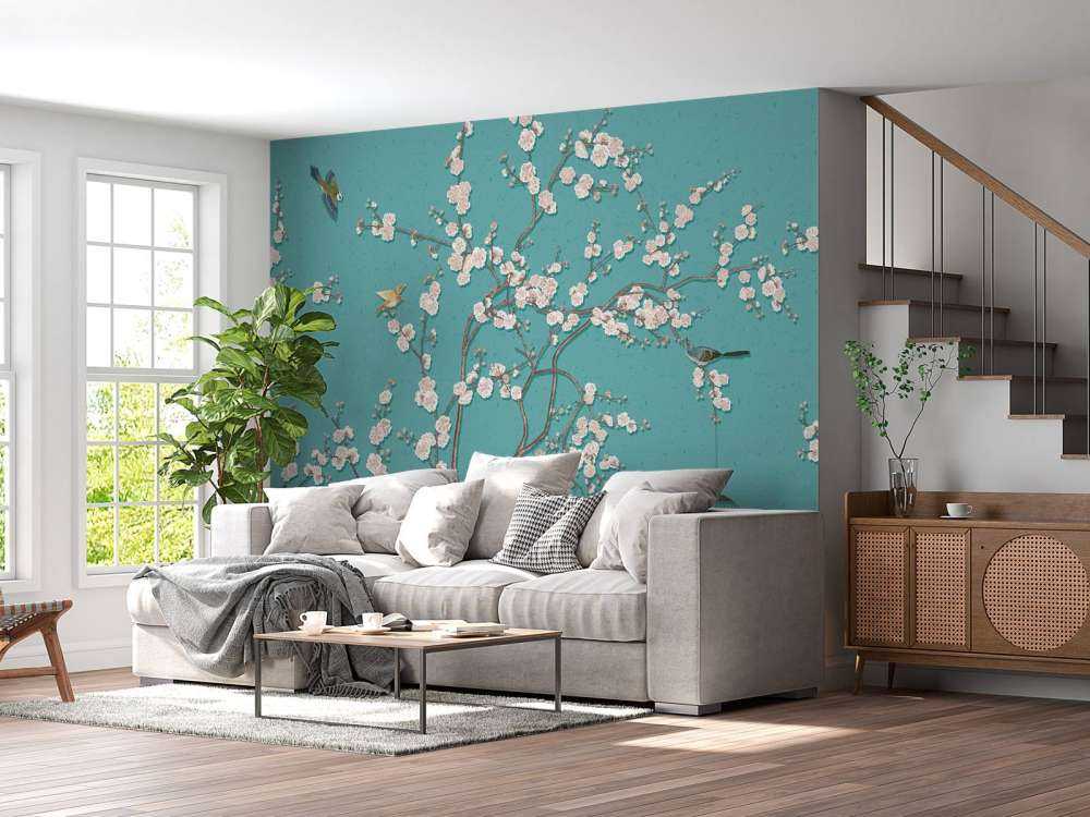 Tegnet blomstrende træ med fugle