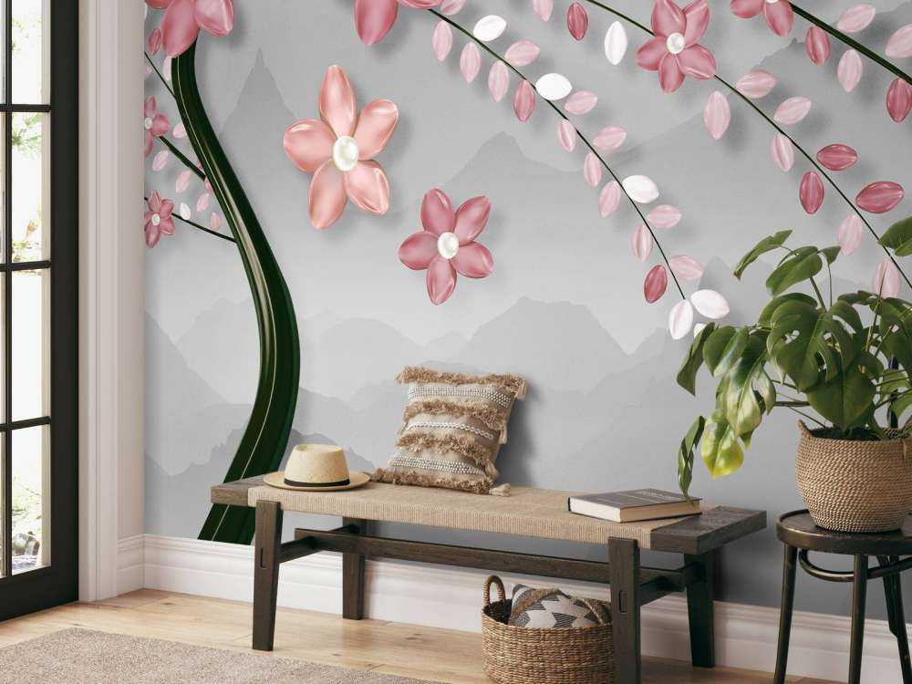 3D træ med lyserøde blomster