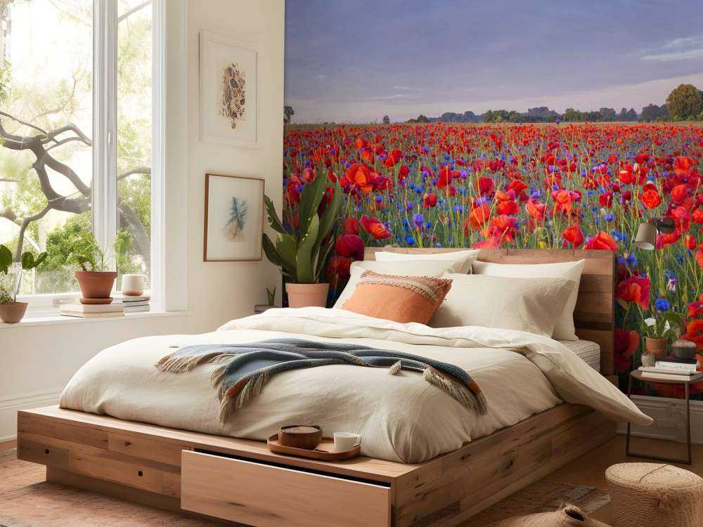 Blå blomster og røde valmuer