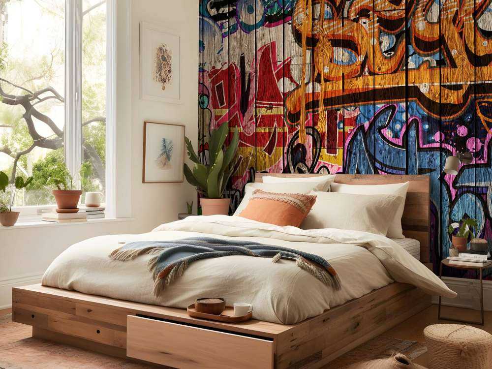 Graffiti med bogstaver på træ