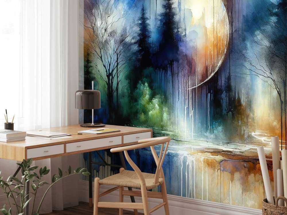 Watercolor Abstract Forest At Moonlight