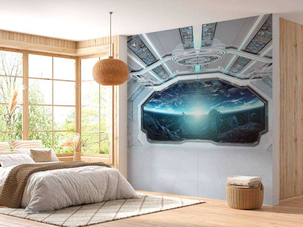 Rymdskepp med utsikt över en planet