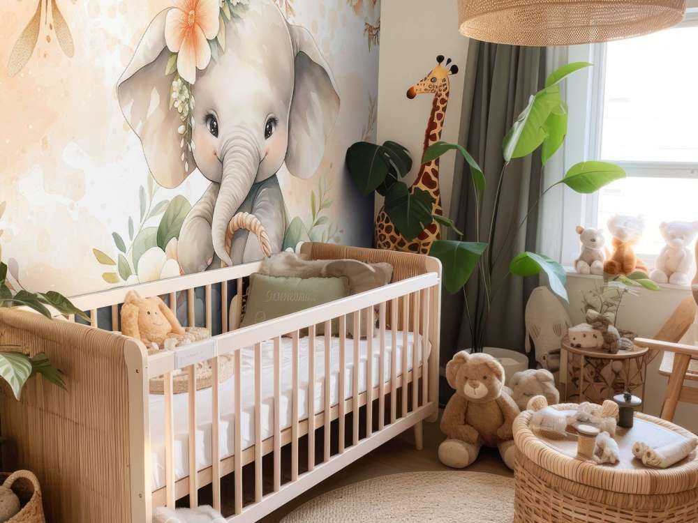 Söt elefant i blomsterkorg