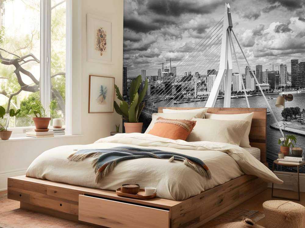 Rotterdams stadskärna från hög höjd i svartvitt 