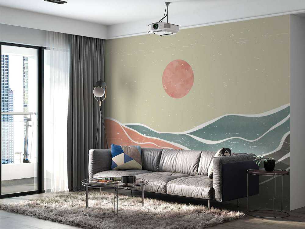 Fargede havbølger med en rød måne