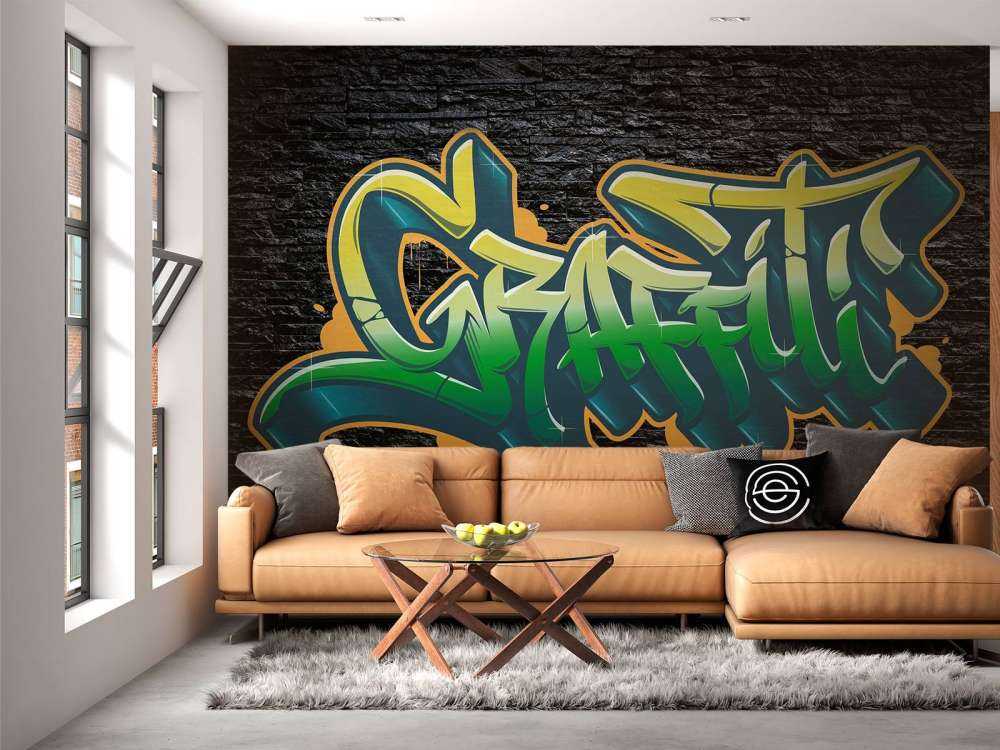 Graffiti på vegg av svarte steiner