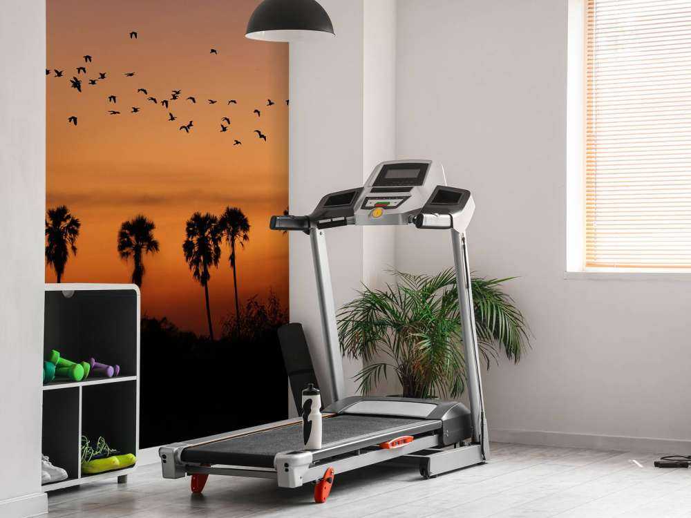 Palmetræer med en gruppe af fugle