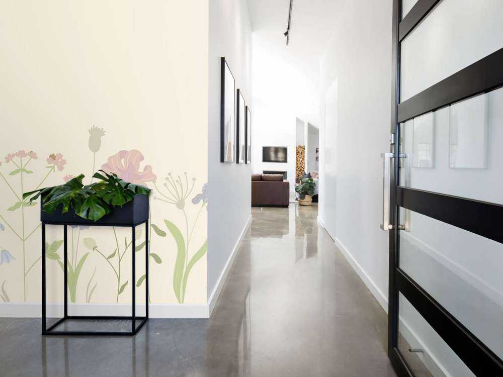 Blomstermark beige, gammelrosa, grøn og lilla