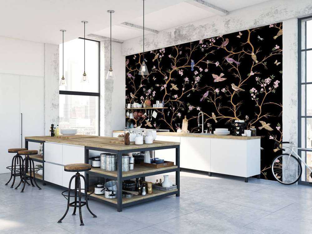 Blommande grenar med fåglar