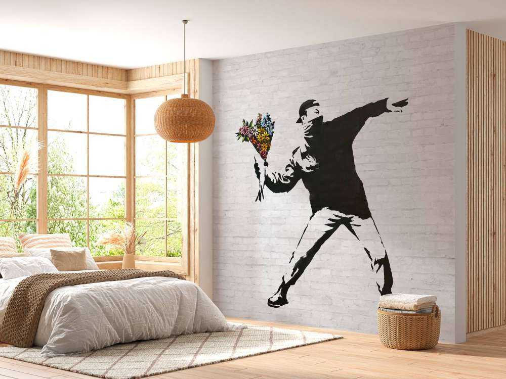 Banksy - Flower thrower, white bricks