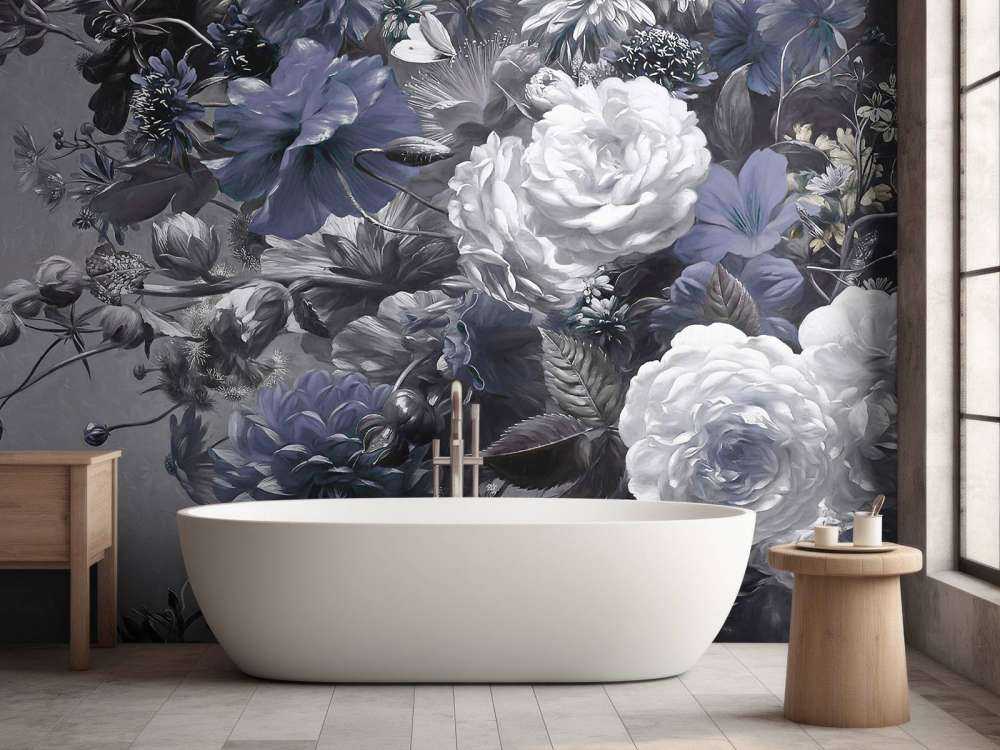 Stort blomsterarrangemang med vallmo Blå