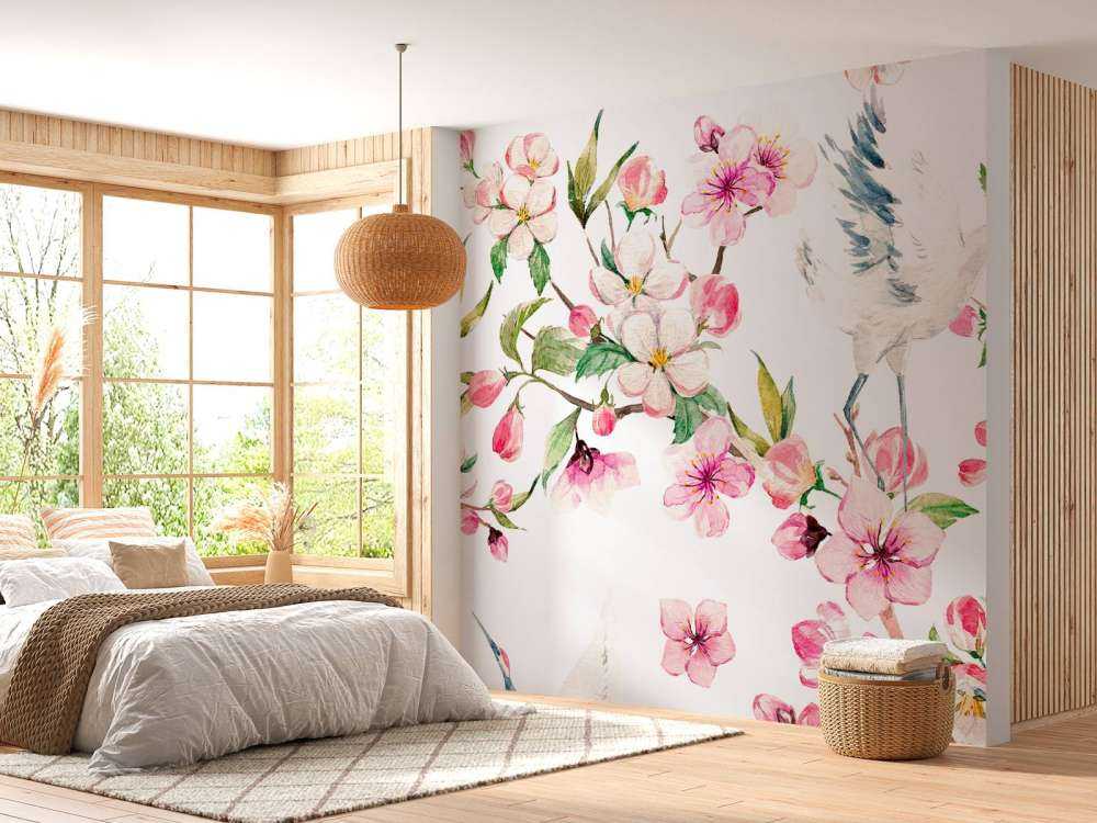 Målade tranor vid blommor