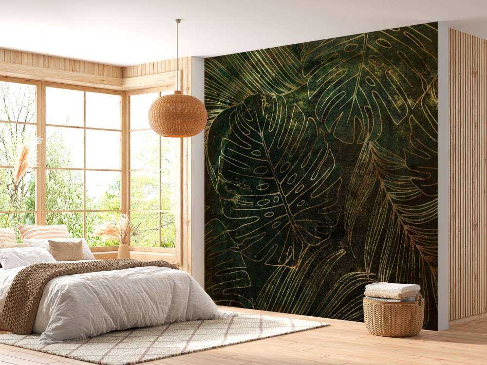 Grön textur med gyllene blad