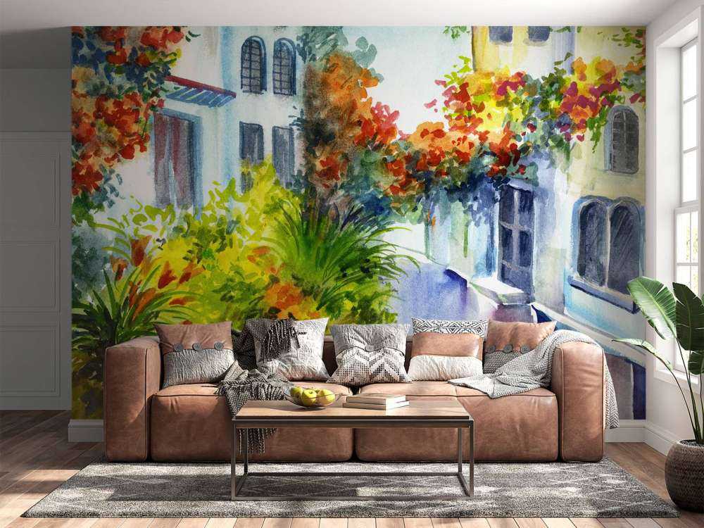 Akvarellblomster og bygninger