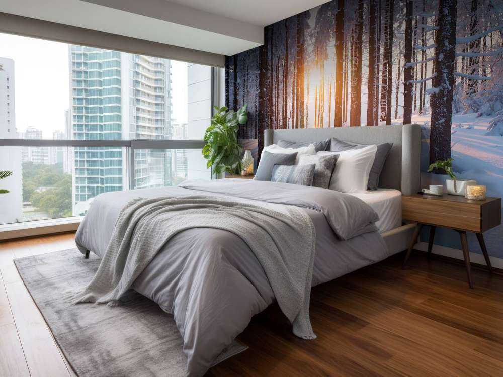 Solnedgang i en vinterskog