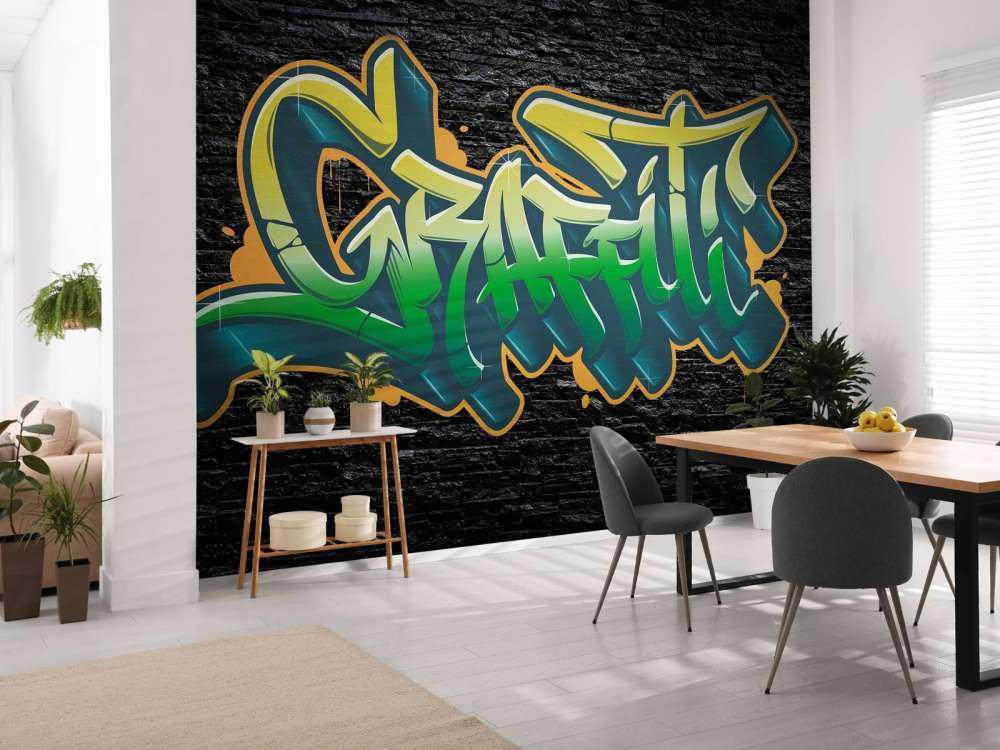 Graffiti på sort murstensvæg