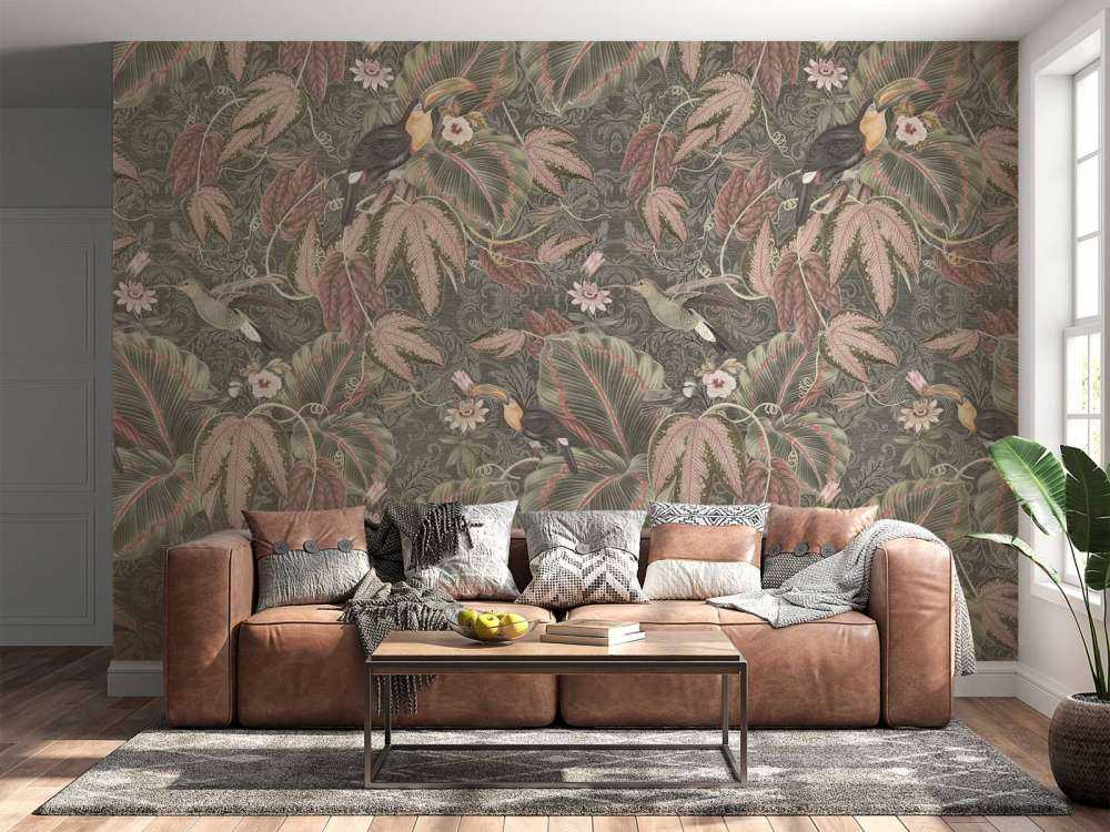 Tropiska djungelns fåglar & tukaner - vintage grön