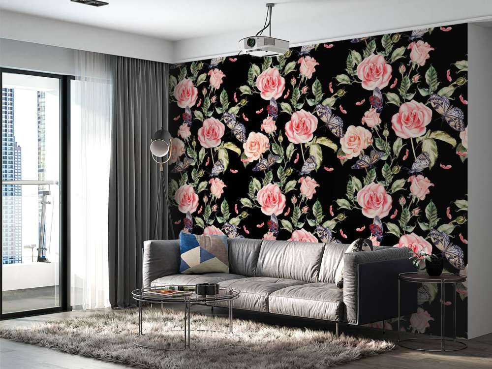 Blommor och fjärilar i akvarell