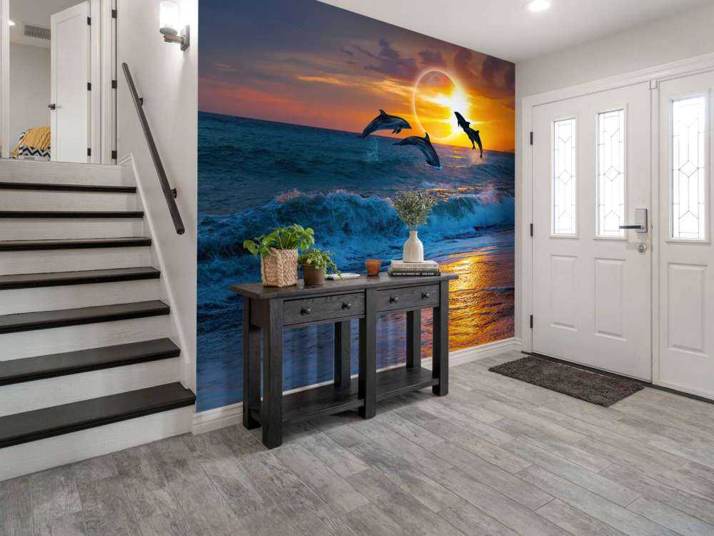 Delfiner med solnedgång