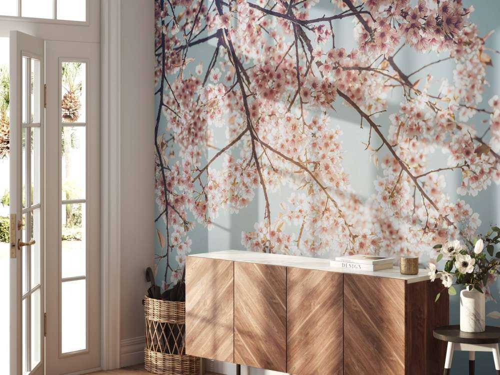 Körsbärsröd blomning med blå himmel