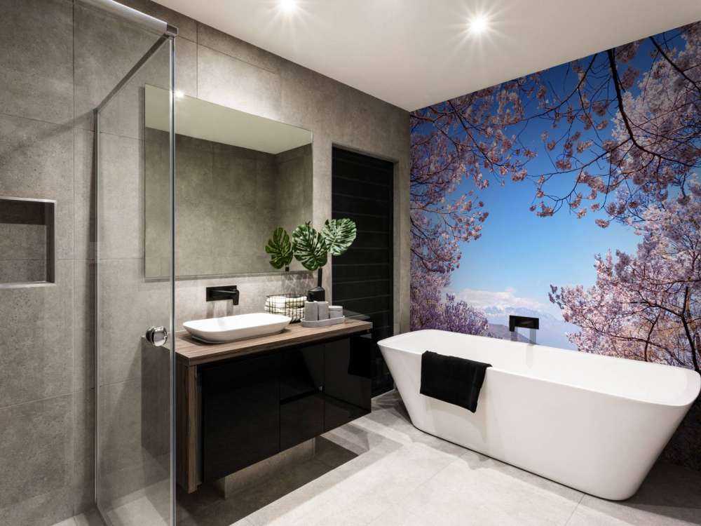 Rosa blommor med berg