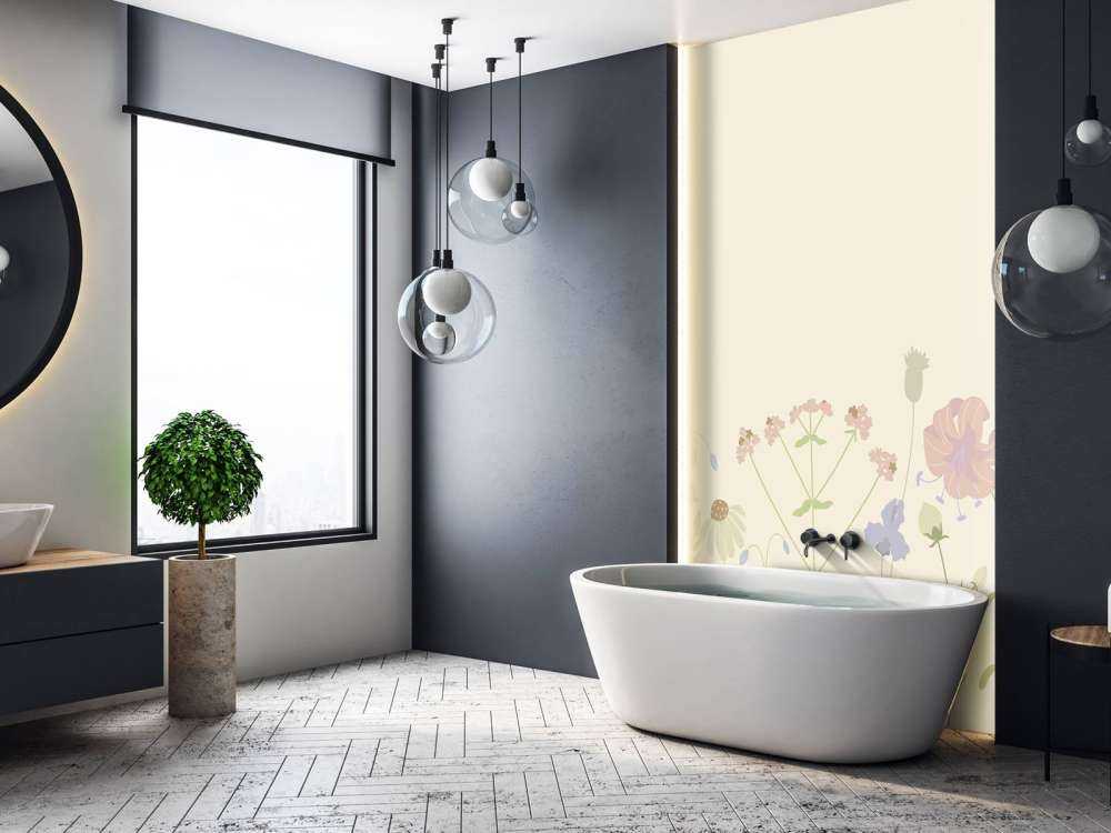 Blomsterfält i beige, gammelrosa, grönt och lila