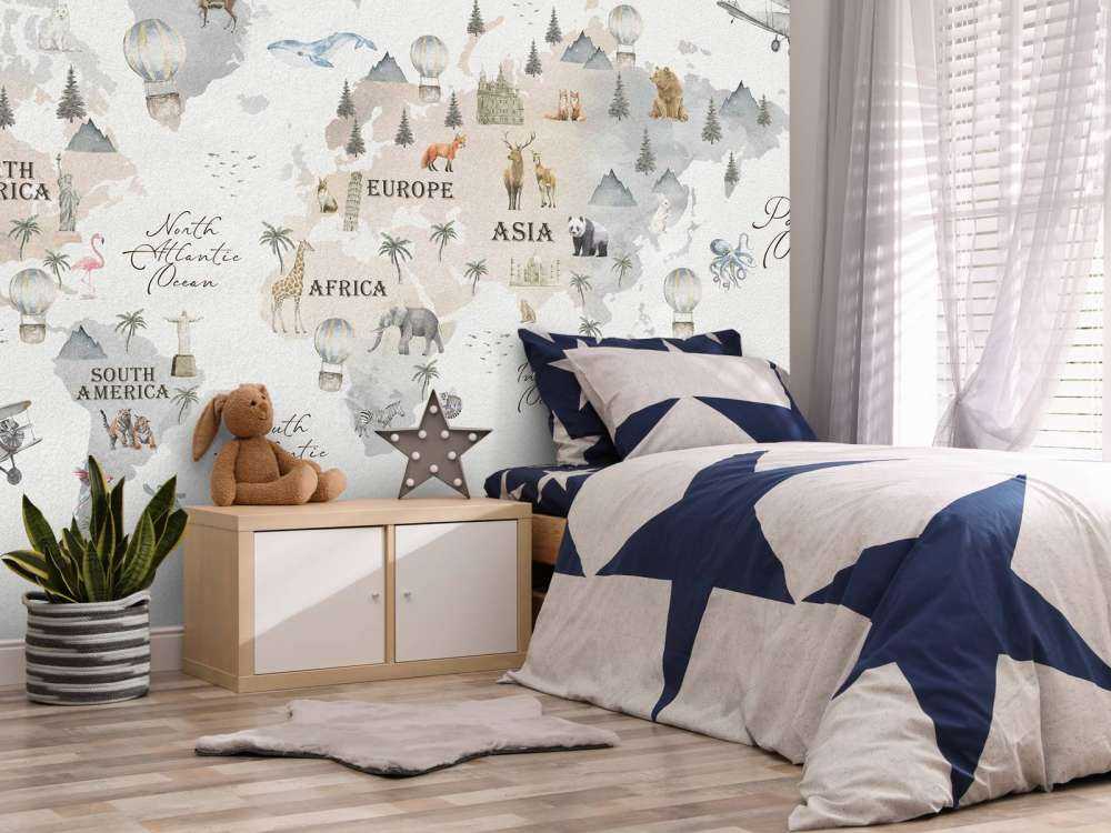 Världskarta med olika djur