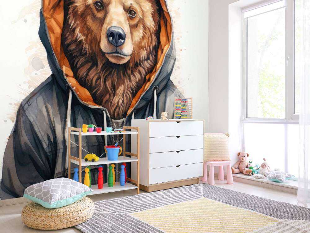 Akvarell tecknad grizzlybjörn i en huvtröja